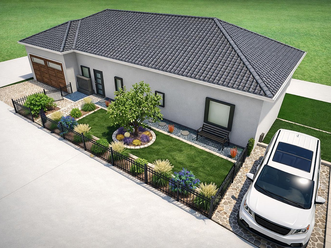 3D Gartenplanung 3D-Visualisierung einer Gartenplanung mit Haus und Vorgarten